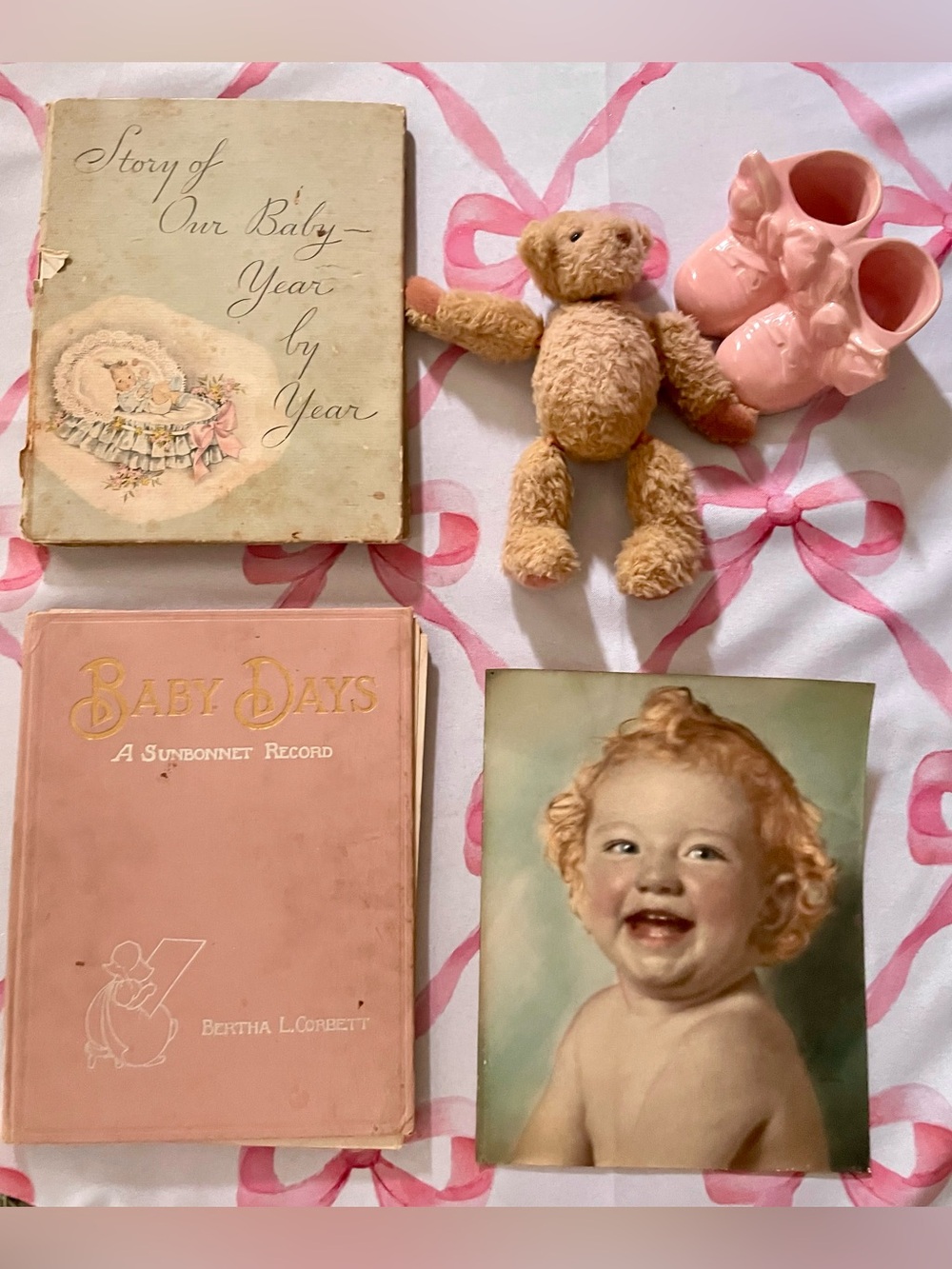 Antique Baby Books, Baby Print, Baby Bootie Planter, Jointed Bear